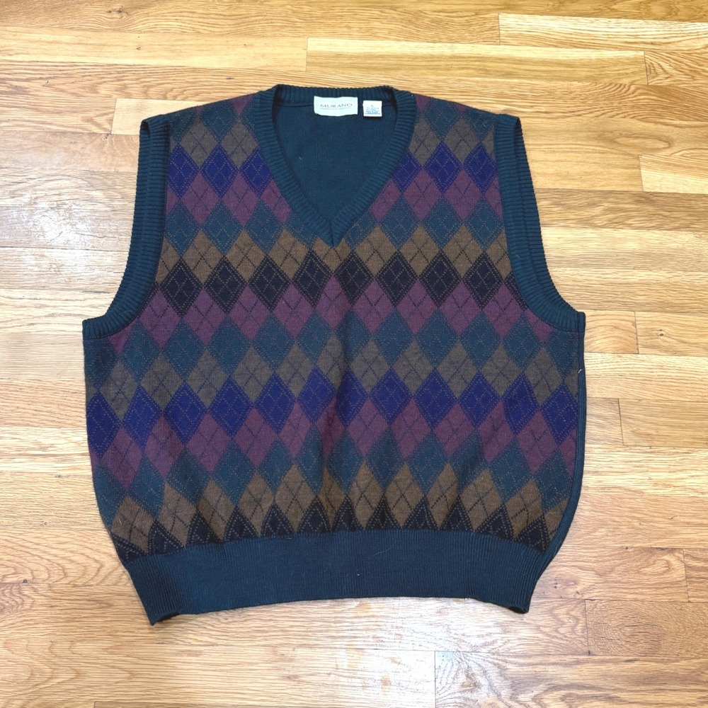 Vintage Murano Mens XL Argyle V-Neck Sweater Vest Navy Wool Blend Made in Italy